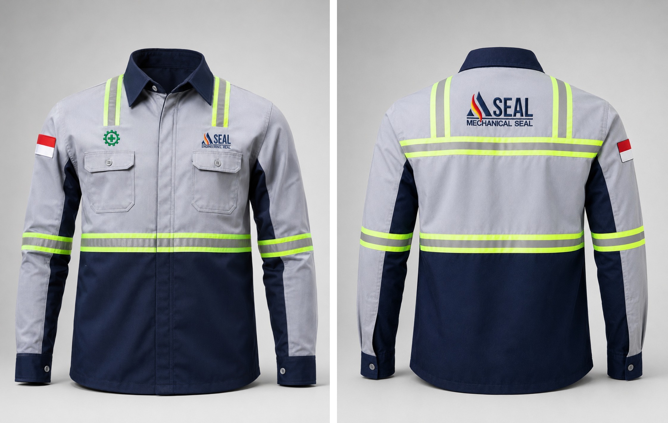 Wearpack & Safety - Kemeja Seal Mechanical Seal, tampak depan dan belakang